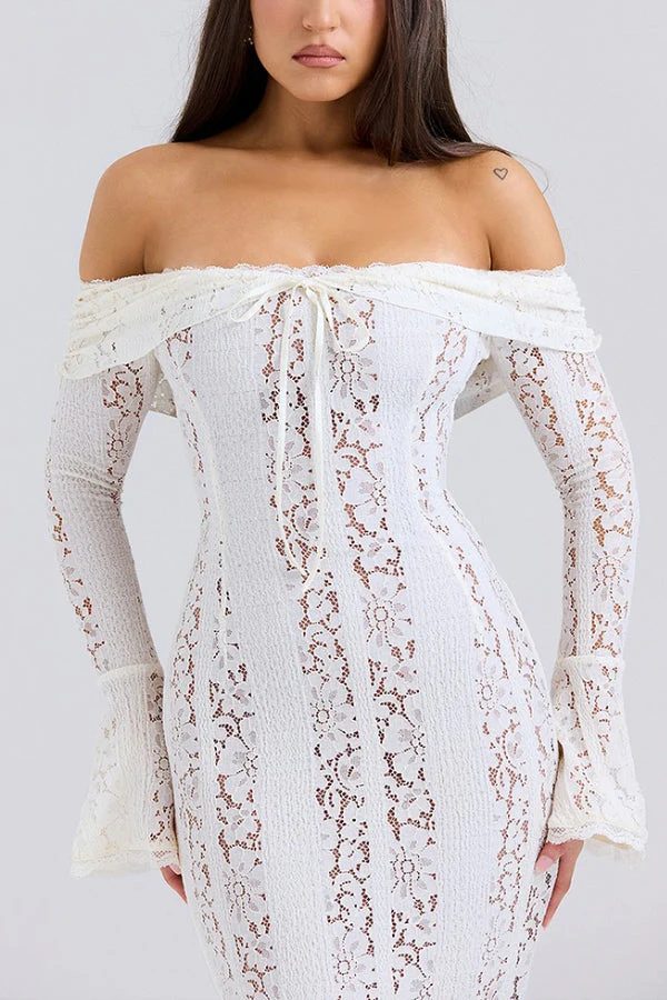 Heidi-Mode | Blumen Spitze Off Shoulder Flare Ärmel Fishtail Maxi Kleider - Weiß - Image 8
