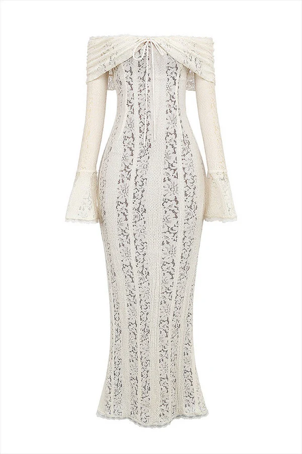 Heidi-Mode | Blumen Spitze Off Shoulder Flare Ärmel Fishtail Maxi Kleider - Weiß - Image 9