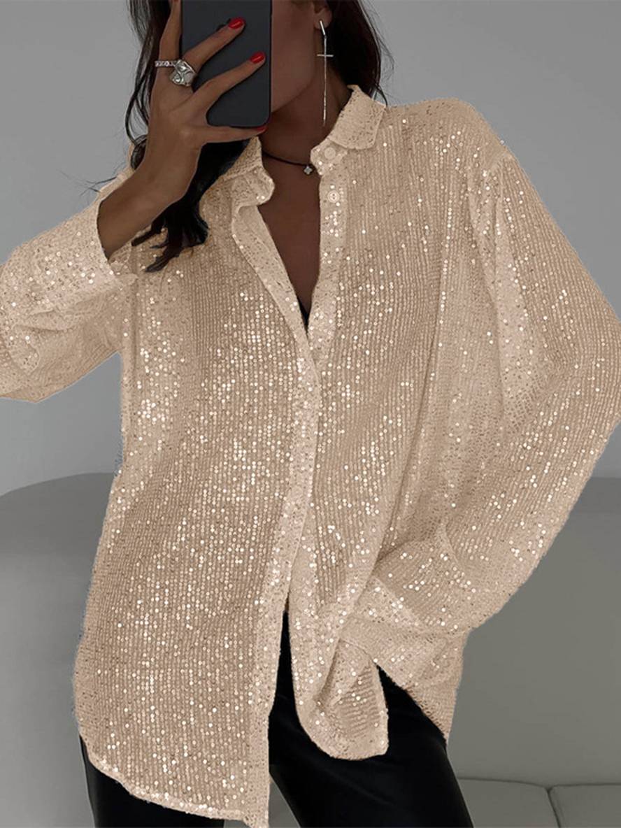 Heidi-Mode | Bluse Brillante Pailletten Hemd Kragen Hemd Lange Ärmel Damen Elegant Lässig Oversized - Image 11
