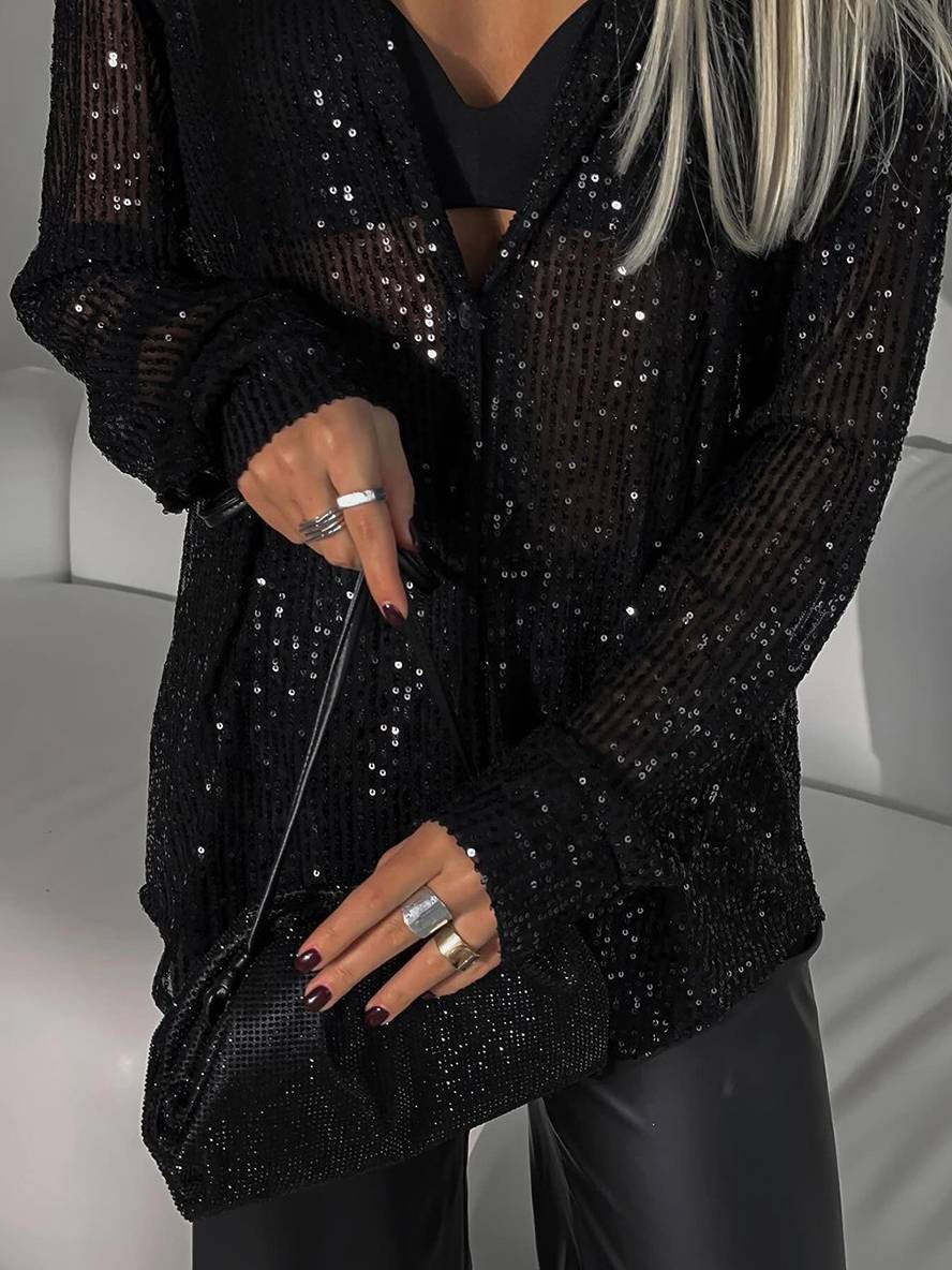 Heidi-Mode | Bluse Brillante Pailletten Hemd Kragen Hemd Lange Ärmel Damen Elegant Lässig Oversized - Image 7