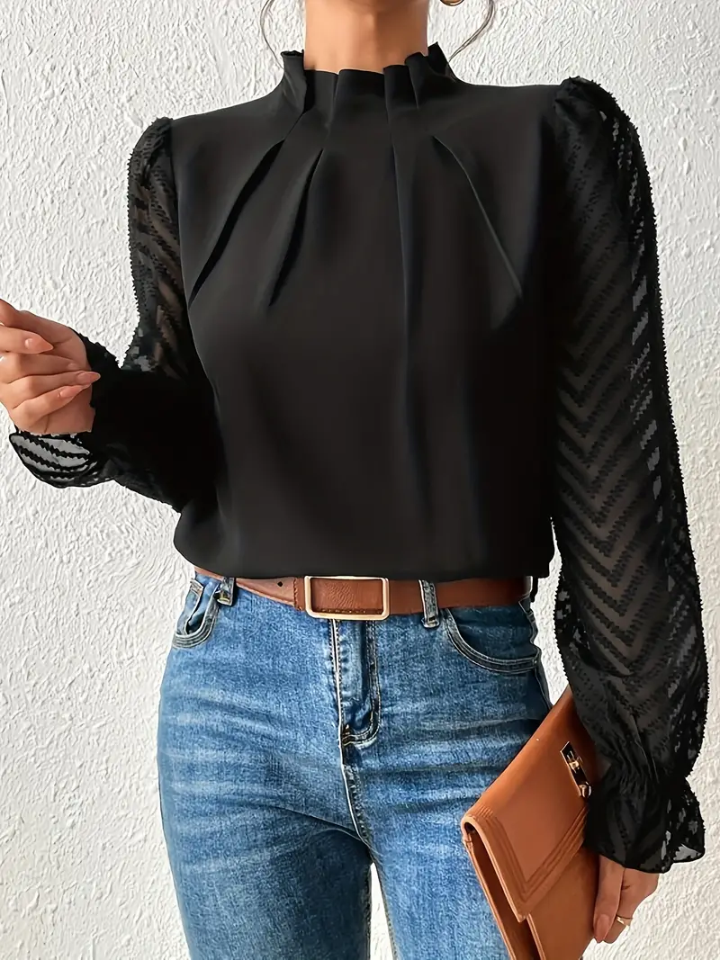 Heidi-Mode | Bluse Schicker Plissierter Top mit Netzärmeln für Damen - Image 5