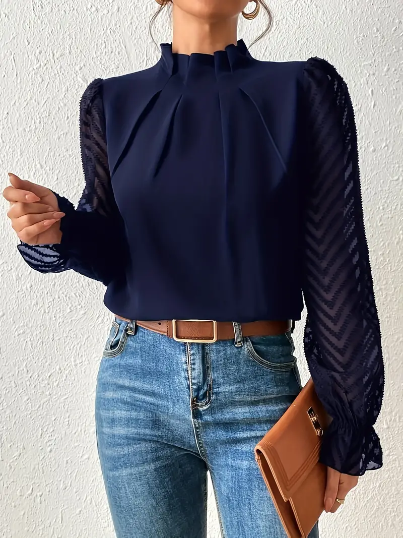 Heidi-Mode | Bluse Schicker Plissierter Top mit Netzärmeln für Damen - Image 8