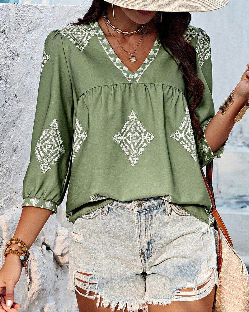 Heidi-Mode | Bluse V-Ausschnitt Diamantdruck Dreiviertelärmel