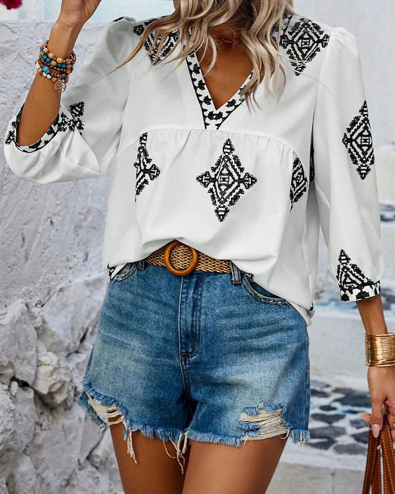 Heidi-Mode | Bluse V-Ausschnitt Diamantdruck Dreiviertelärmel - Image 10