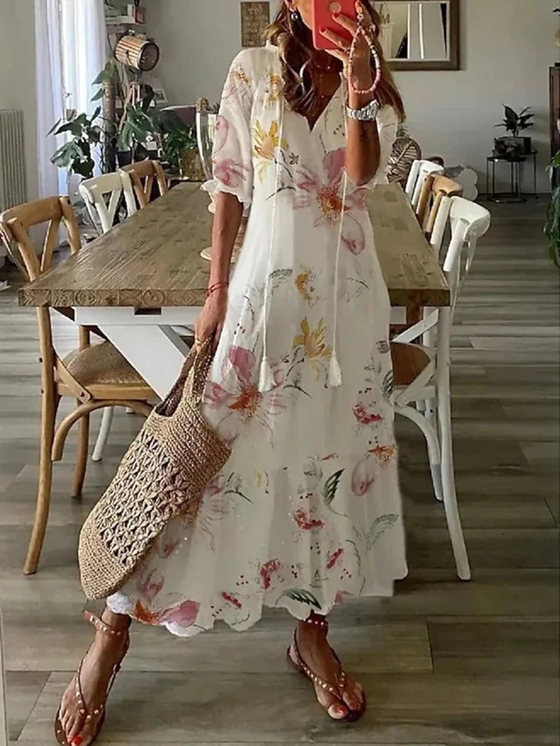 Heidi-Mode | Boho Blumen Maxi Kleid für Damen