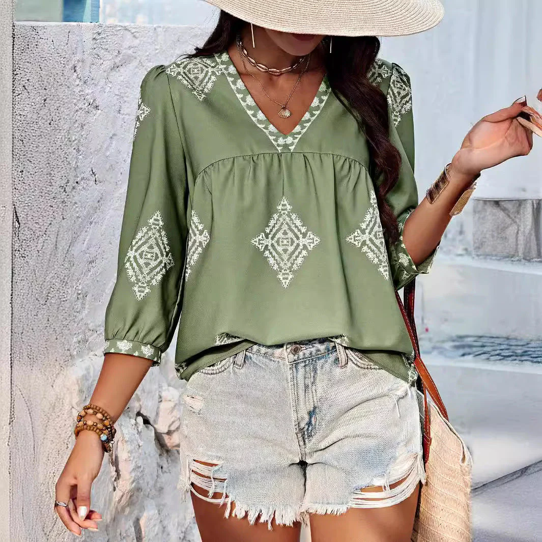 Heidi-Mode | Boho Chic V-Ausschnitt Bestickte Bluse für Frauen