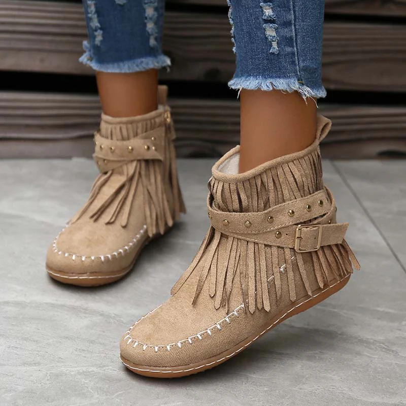 Heidi-Mode | Boho Stiefelette mit Fransen und Schnallen für Damen - Image 26