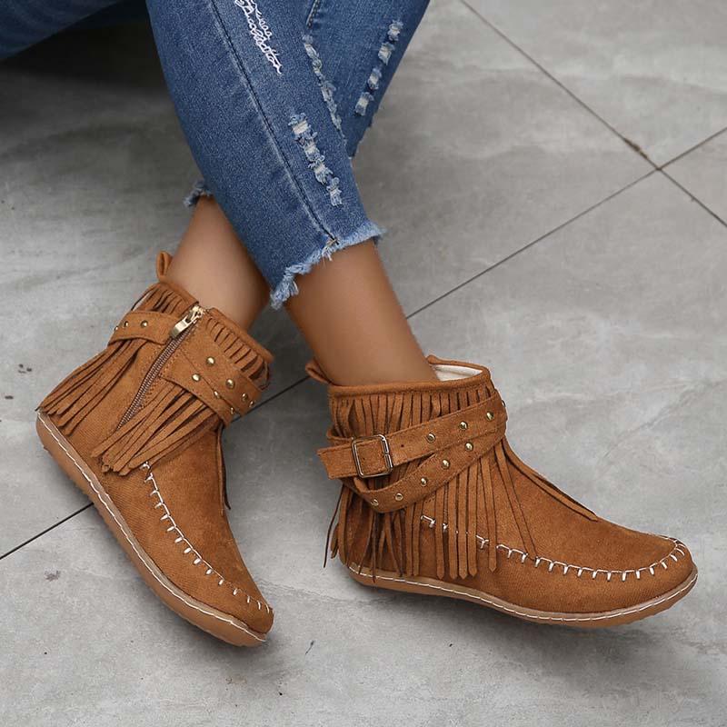 Heidi-Mode | Boho Stiefelette mit Fransen und Schnallen für Damen - Image 4
