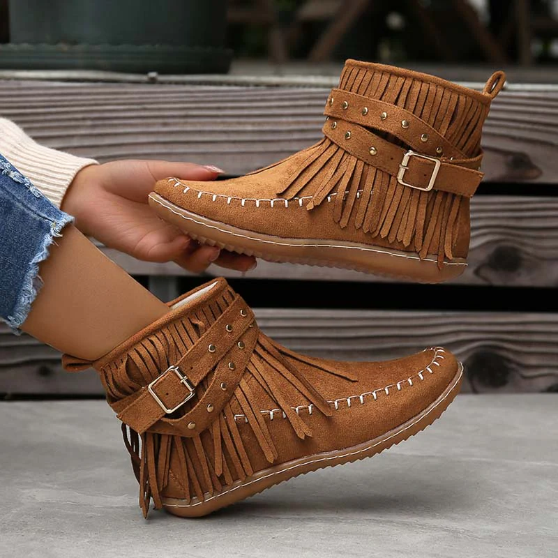 Heidi-Mode | Boho Stiefelette mit Fransen und Schnallen für Damen - Image 7