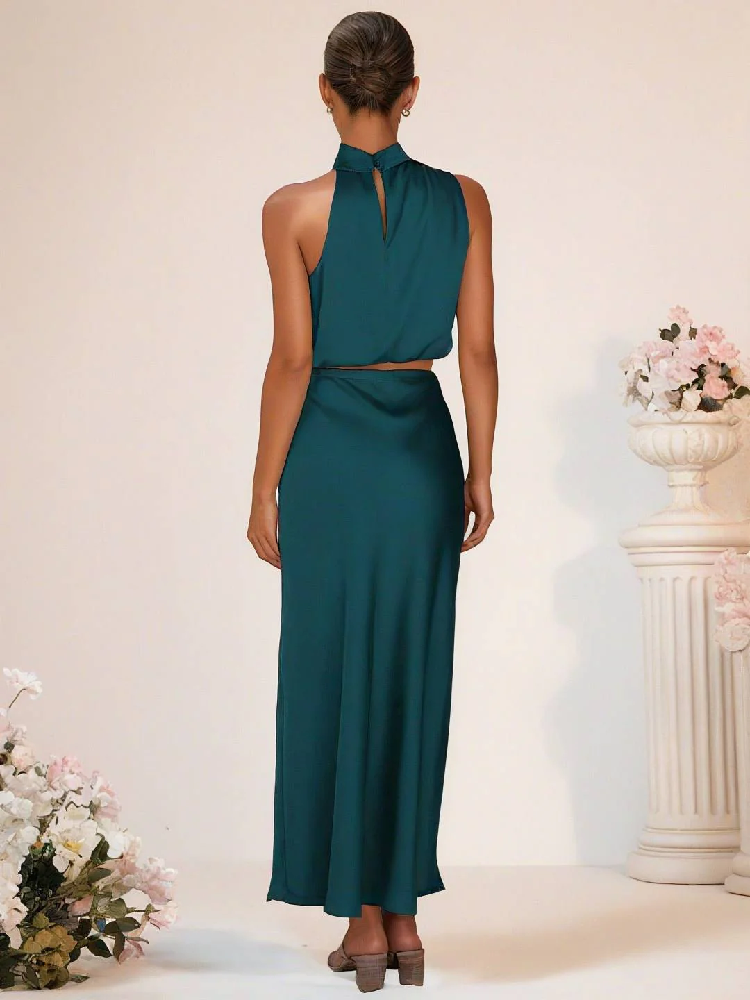 Heidi-Mode | Brautjungfernkleid Satin Rollkragen Ohne Ärmel Cropped Langer Rock Damen Elegant Trauzeugin Kleid - Image 10