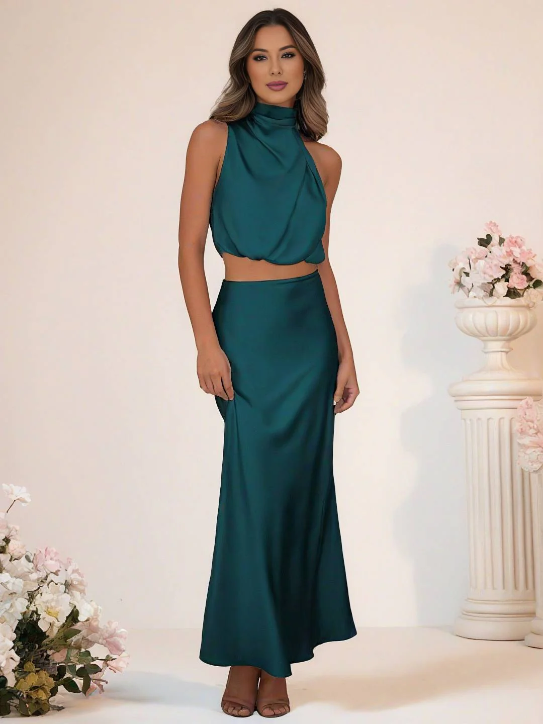 Heidi-Mode | Brautjungfernkleid Satin Rollkragen Ohne Ärmel Cropped Langer Rock Damen Elegant Trauzeugin Kleid - Image 13