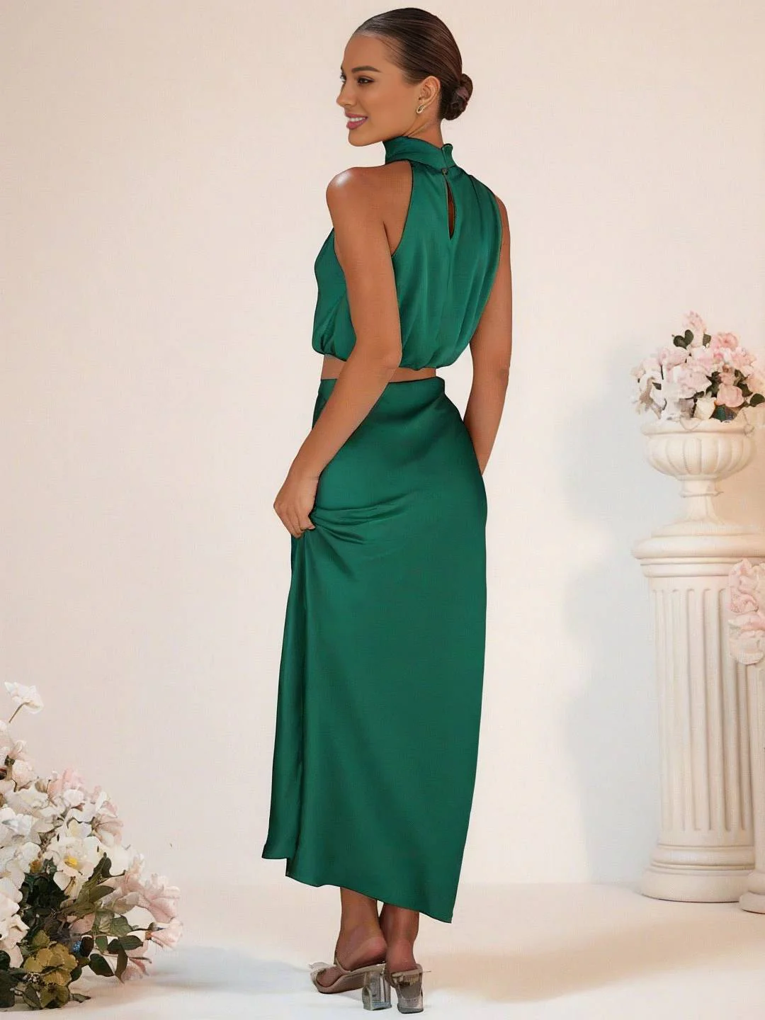 Heidi-Mode | Brautjungfernkleid Satin Rollkragen Ohne Ärmel Cropped Langer Rock Damen Elegant Trauzeugin Kleid - Image 15