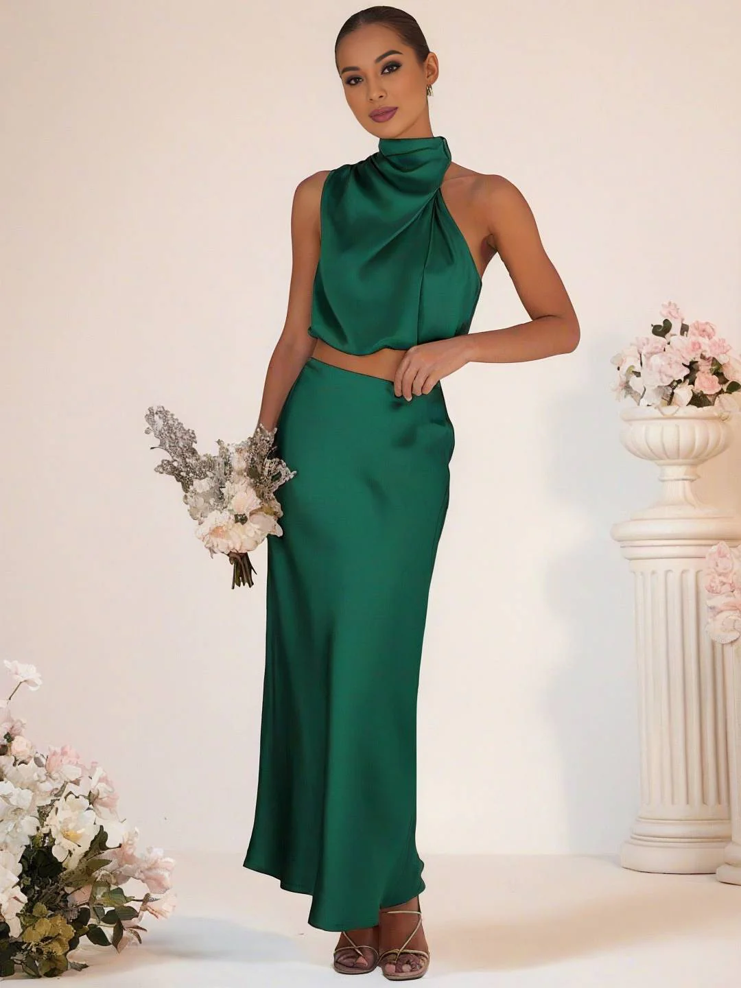 Heidi-Mode | Brautjungfernkleid Satin Rollkragen Ohne Ärmel Cropped Langer Rock Damen Elegant Trauzeugin Kleid - Image 16