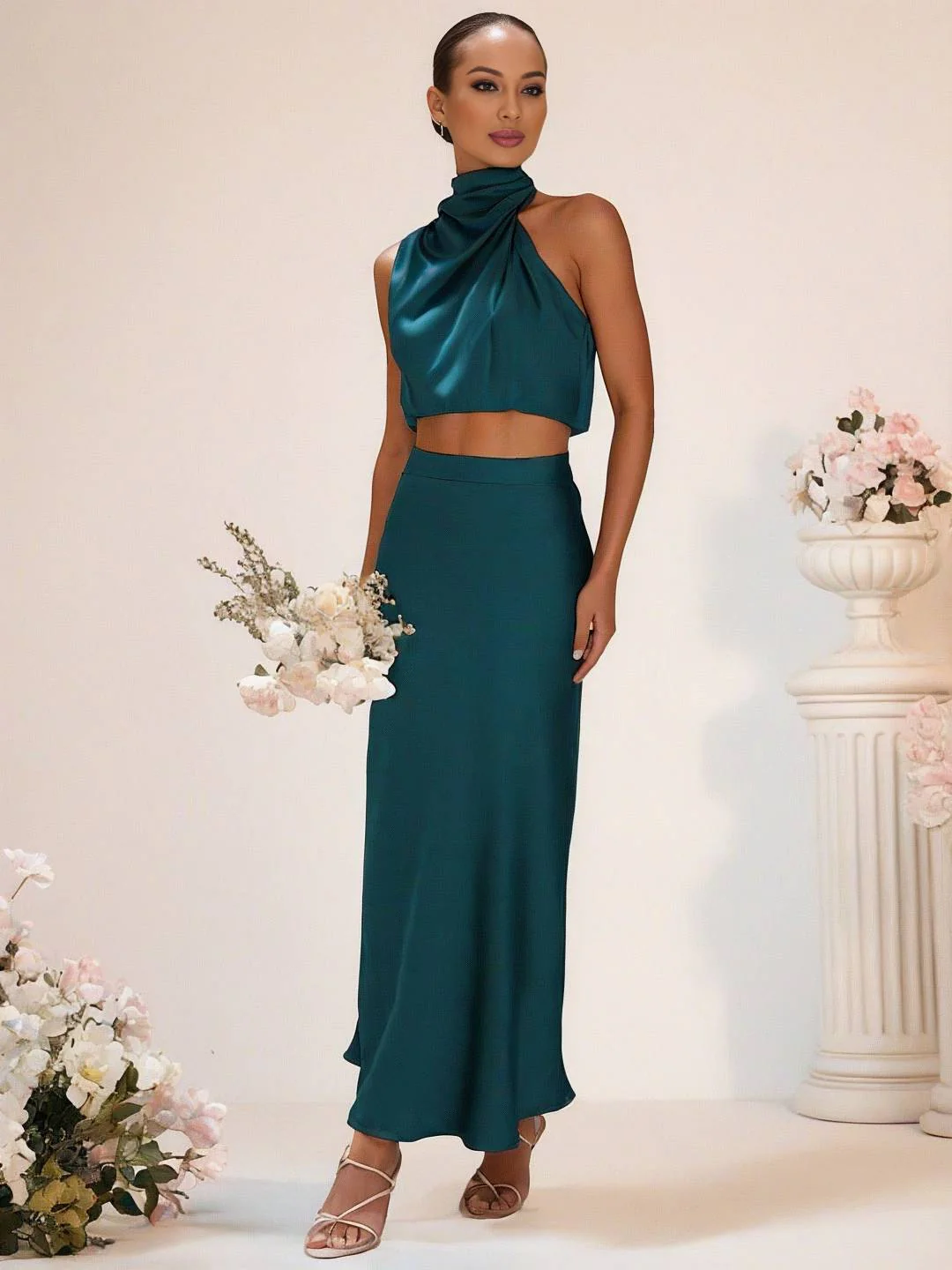 Heidi-Mode | Brautjungfernkleid Satin Rollkragen Ohne Ärmel Cropped Langer Rock Damen Elegant Trauzeugin Kleid - Image 24