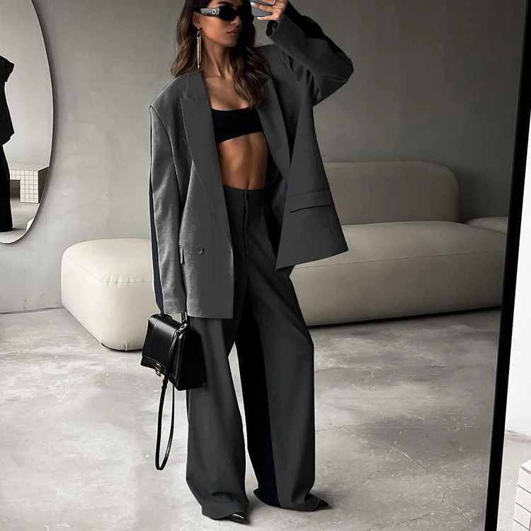 Heidi-Mode | Büro Lockerer Damen Kontrastfarbe Mantel & Weit Geschnittene Hose Sat - Image 3