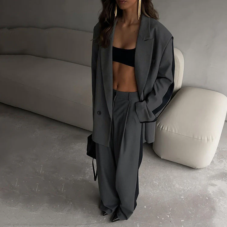 Heidi-Mode | Büro Lockerer Damen Kontrastfarbe Mantel & Weit Geschnittene Hose Sat - Image 4