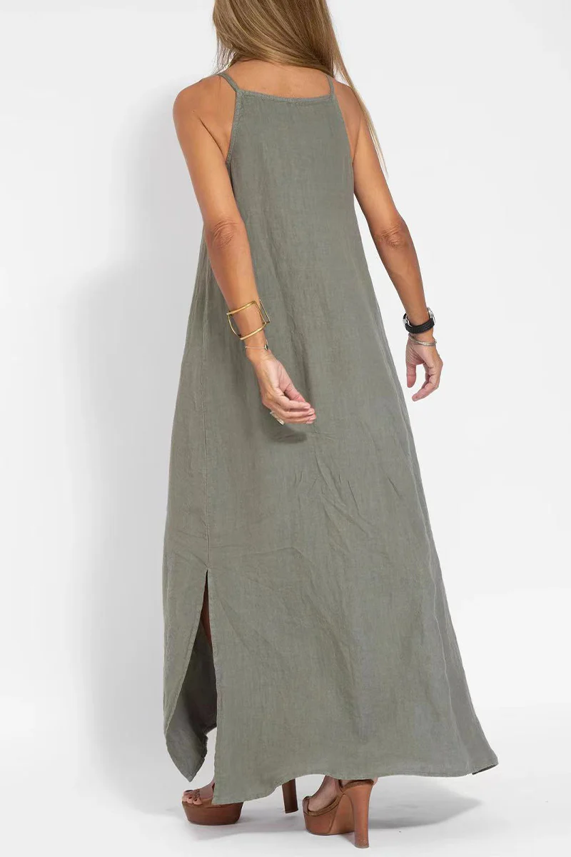 Heidi-Mode | Casuale Einfachheit Solide Schlitz O-Hals Ärmellos Kleid Kleider- 3 Farben - Image 7