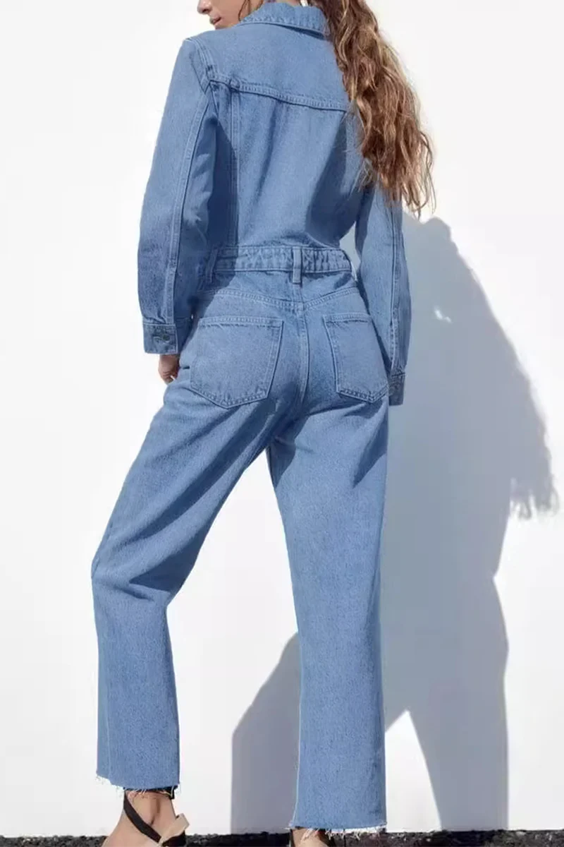 Heidi-Mode | Lässiger Street Einfarbiger Taschenknopf Umlegekragen Lange Ärmel Lockere Denim Overalls - Image 3