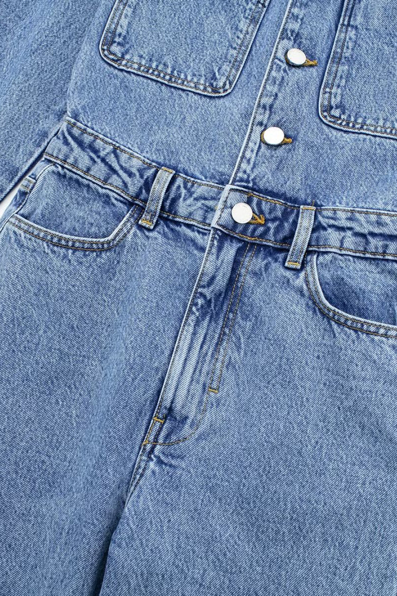 Heidi-Mode | Lässiger Street Einfarbiger Taschenknopf Umlegekragen Lange Ärmel Lockere Denim Overalls - Image 8