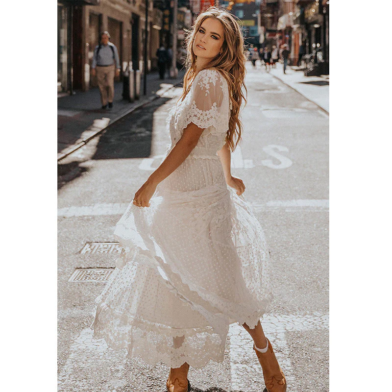 Heidi-Mode | Chiffon Spitze Kurze Ärmel Boho V-Ausschnitt Maxi Kleid - Image 3
