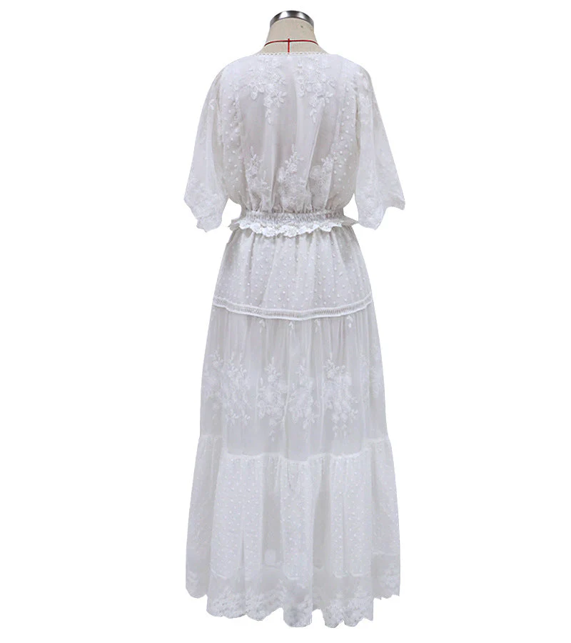 Heidi-Mode | Chiffon Spitze Kurze Ärmel Boho V-Ausschnitt Maxi Kleid - Image 4
