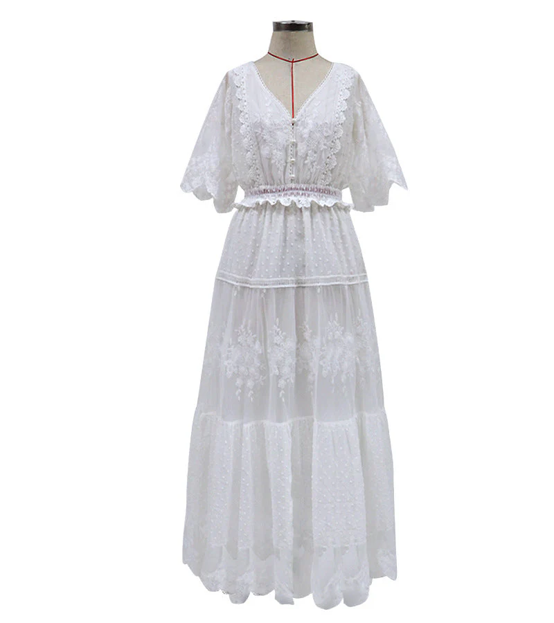Heidi-Mode | Chiffon Spitze Kurze Ärmel Boho V-Ausschnitt Maxi Kleid - Image 5