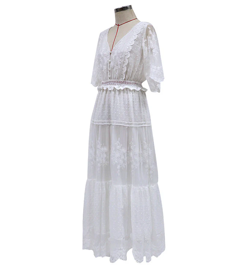 Heidi-Mode | Chiffon Spitze Kurze Ärmel Boho V-Ausschnitt Maxi Kleid - Image 6