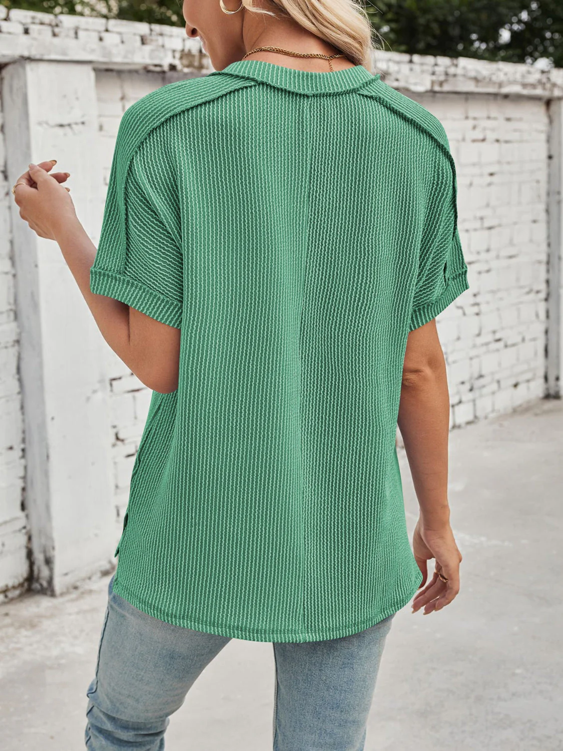 Heidi-Mode | Cord-Ripp V-Ausschnitt Kurzarm T-Shirt - Image 13