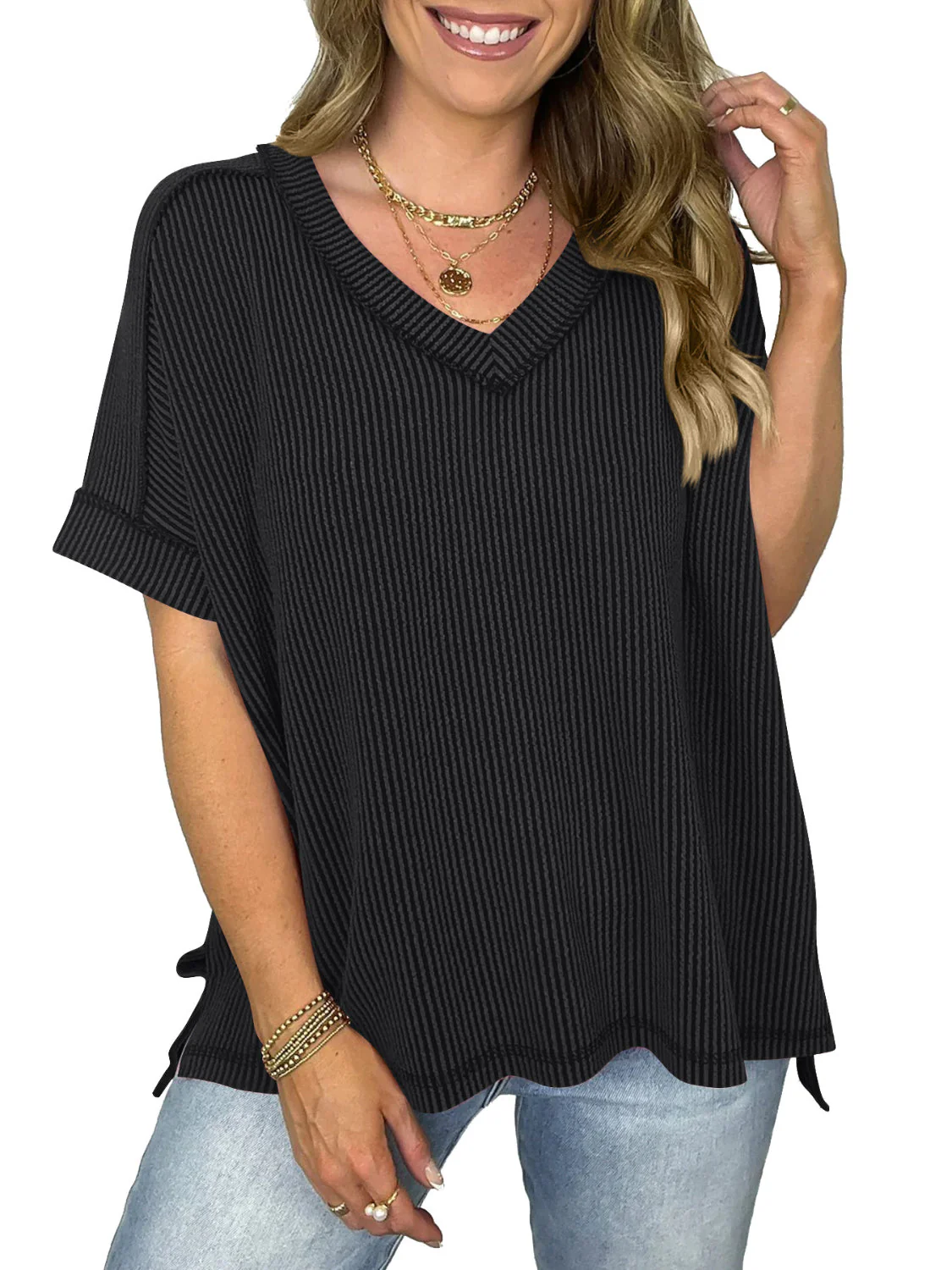 Heidi-Mode | Cord-Ripp V-Ausschnitt Kurzarm T-Shirt - Image 18