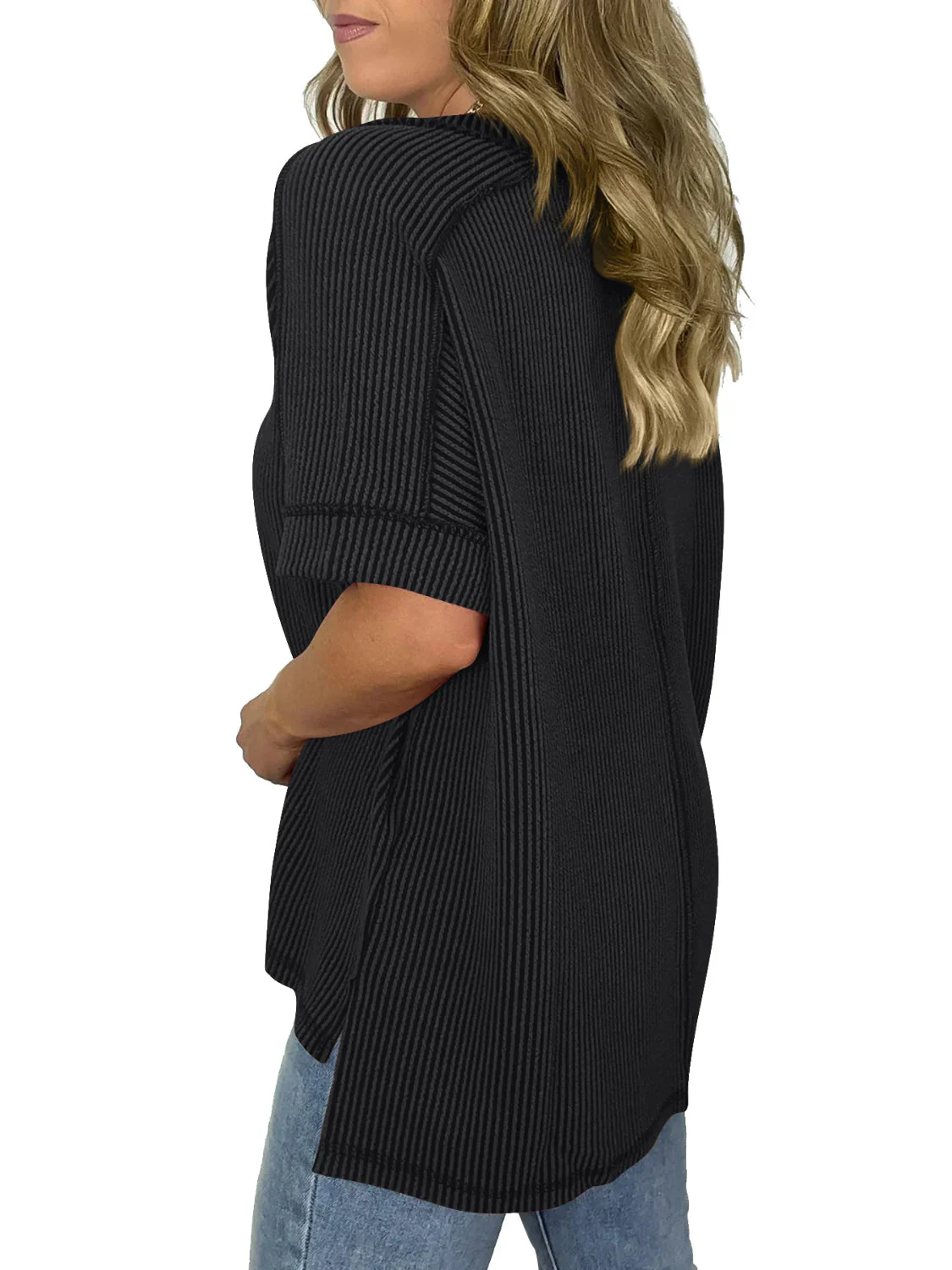 Heidi-Mode | Cord-Ripp V-Ausschnitt Kurzarm T-Shirt - Image 19