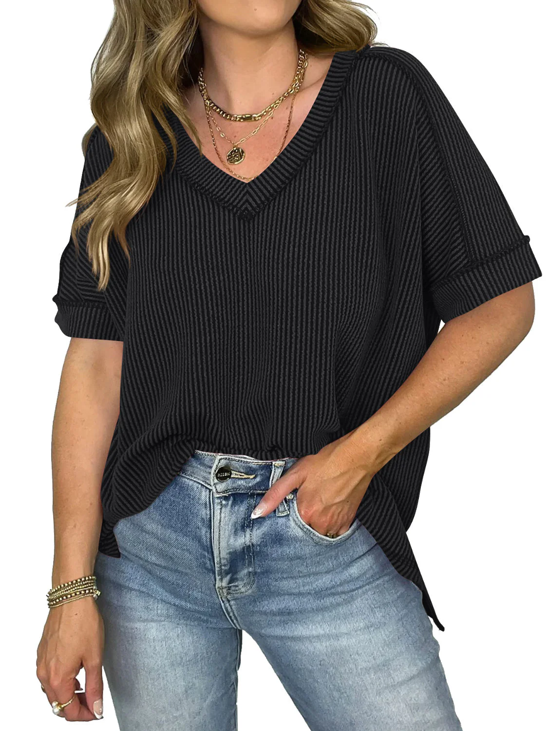 Heidi-Mode | Cord-Ripp V-Ausschnitt Kurzarm T-Shirt - Image 20