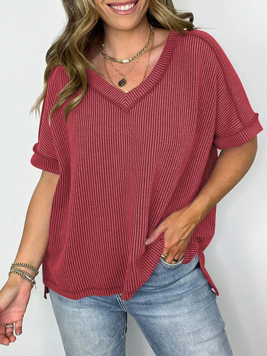 Heidi-Mode | Cord-Ripp V-Ausschnitt Kurzarm T-Shirt - Image 5
