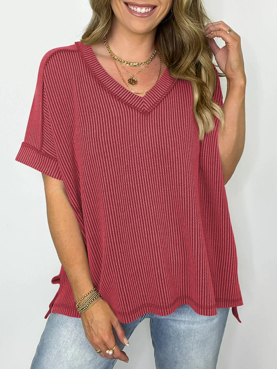 Heidi-Mode | Cord-Ripp V-Ausschnitt Kurzarm T-Shirt - Image 6
