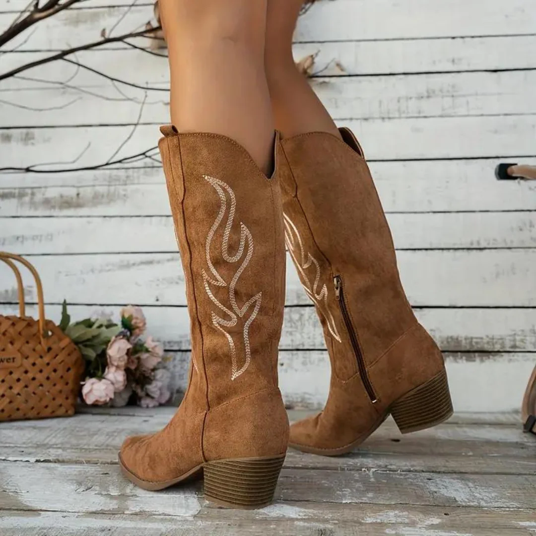Heidi-Mode | Cowboy Stiefel Retro Chunky Heel Spitzstiefel mit Stylischem Seitenreißverschluss - Image 2