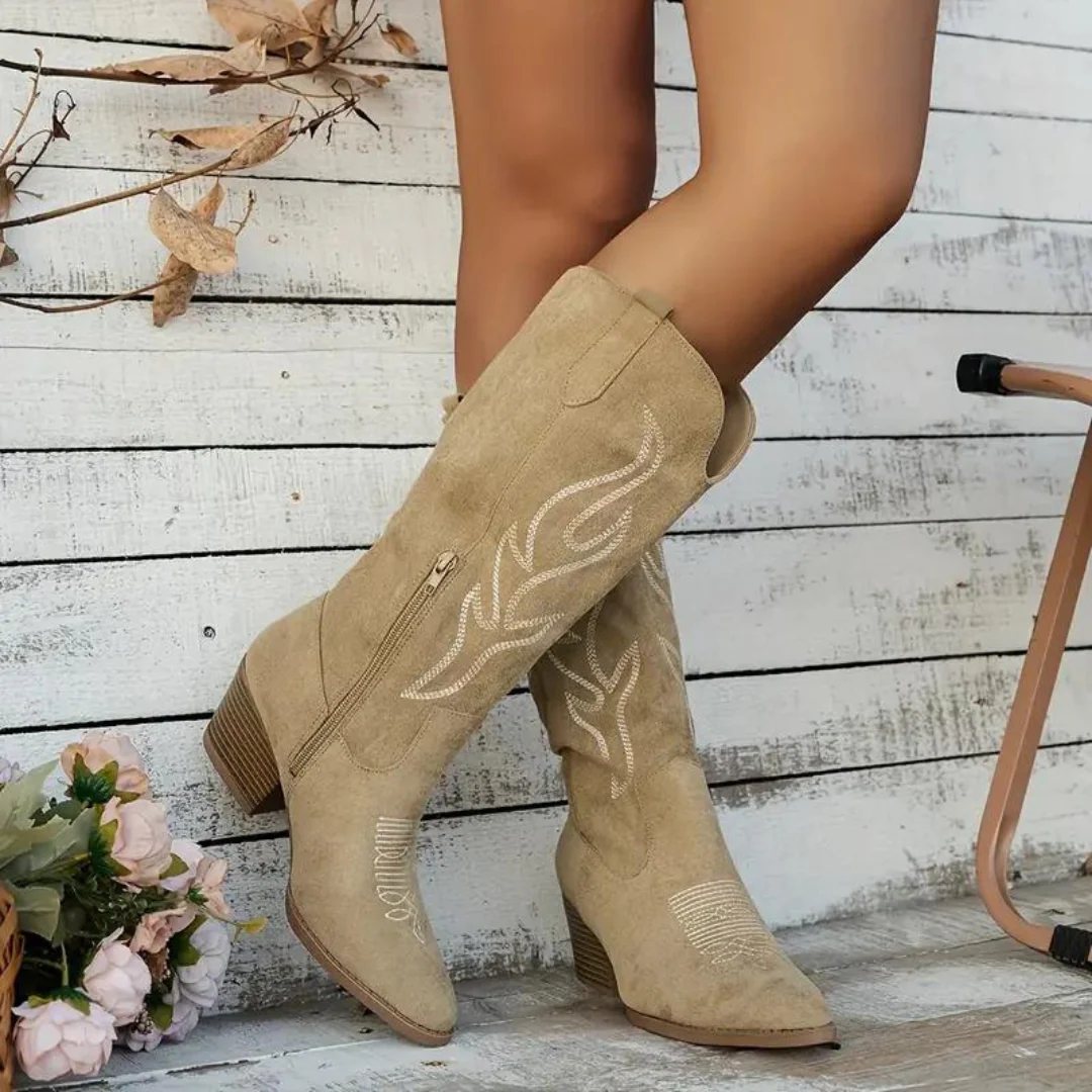 Heidi-Mode | Cowboy Stiefel Retro Chunky Heel Spitzstiefel mit Stylischem Seitenreißverschluss - Image 3