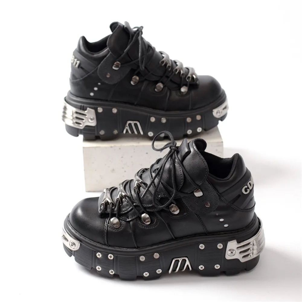 Heidi-Mode | Frauen Ankle Boots für Frauen Dicke Sohle Schnürsenkel Metall Dekoration Runde Zehen Plattform Schuhe Ladeis Punk Gothic Sneakers