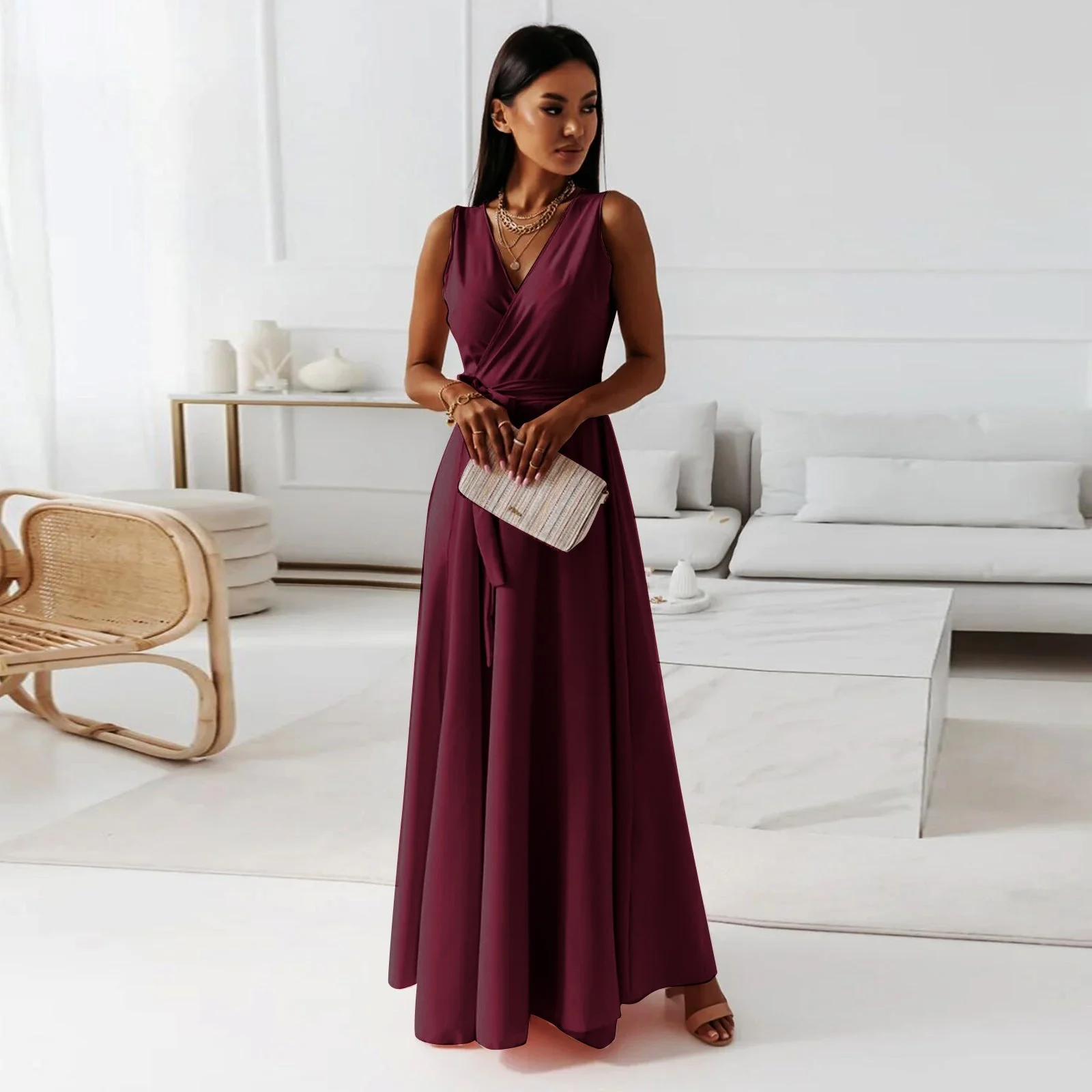 Heidi-Mode | Damen Einfarbig V-Ausschnitt Langes Kleid - Image 3