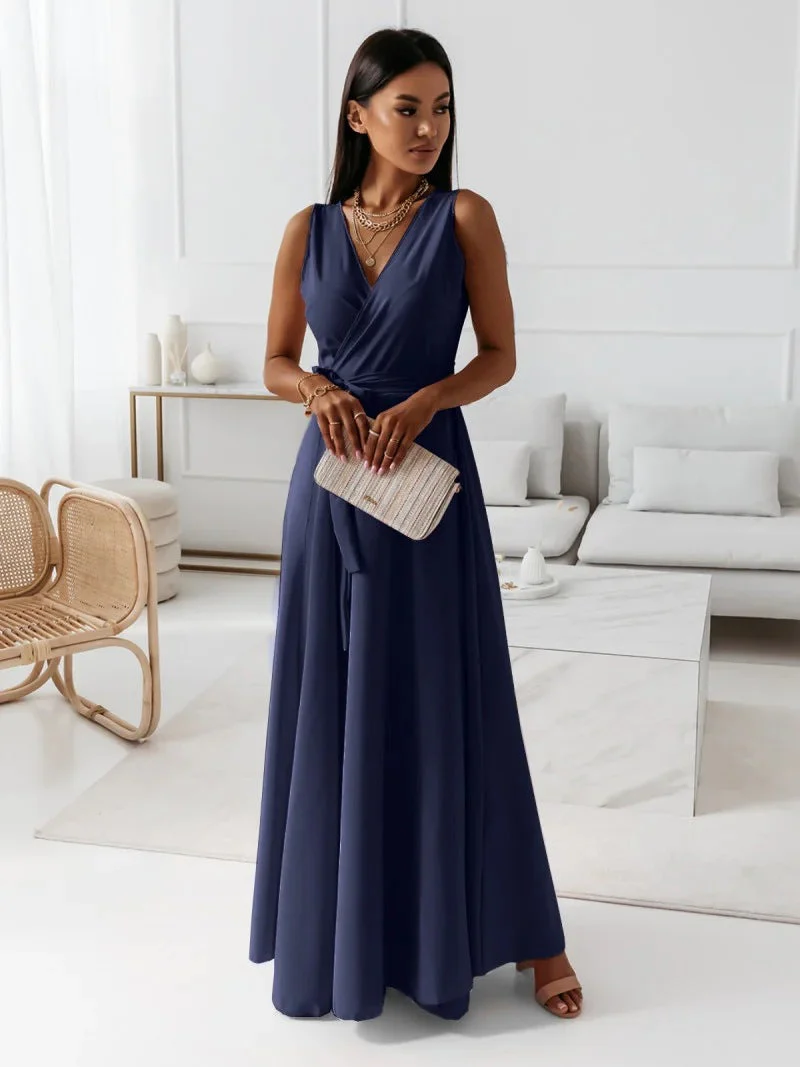 Heidi-Mode | Damen Einfarbig V-Ausschnitt Langes Kleid - Image 6
