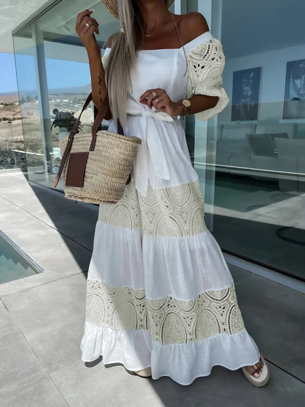 Heidi-Mode | Damen Gewebtes Quadrat Ausschnitt Hohles Häkel Mosaik Lässiges Langes Kleid - Image 14