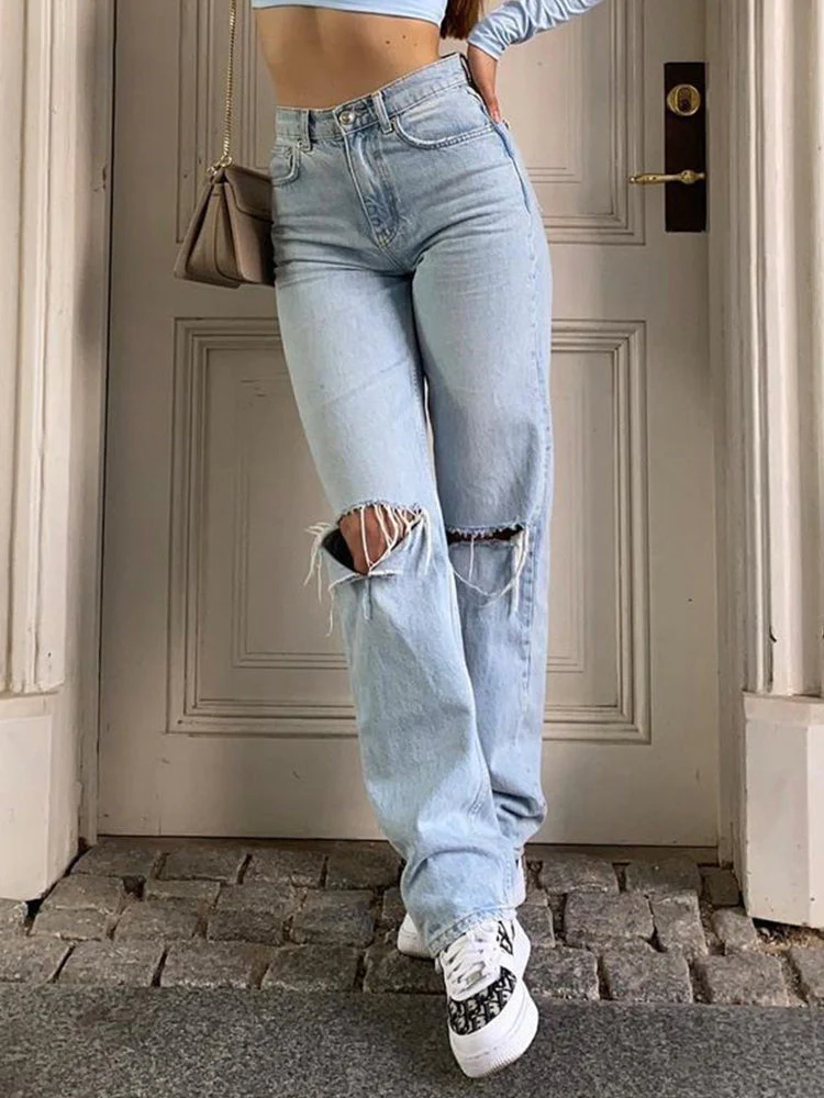 Heidi-Mode | Damen Jeanshose mit Lockerer Passform Zerrissen Weites Bein Hohe Taille Lassige Baggy Jean - Image 2