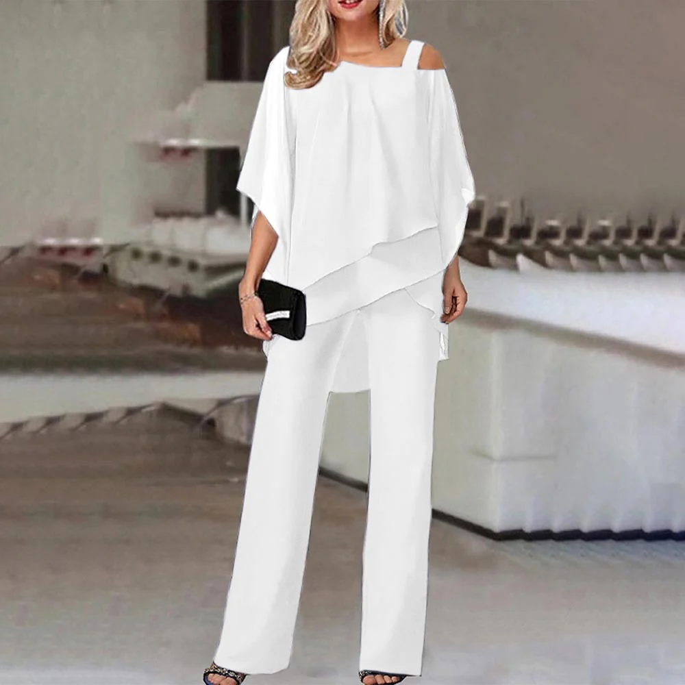 Heidi-Mode | Damen Zweiteiler Satz Eleganter Jumpsuit mit Cold Shoulder Bluse