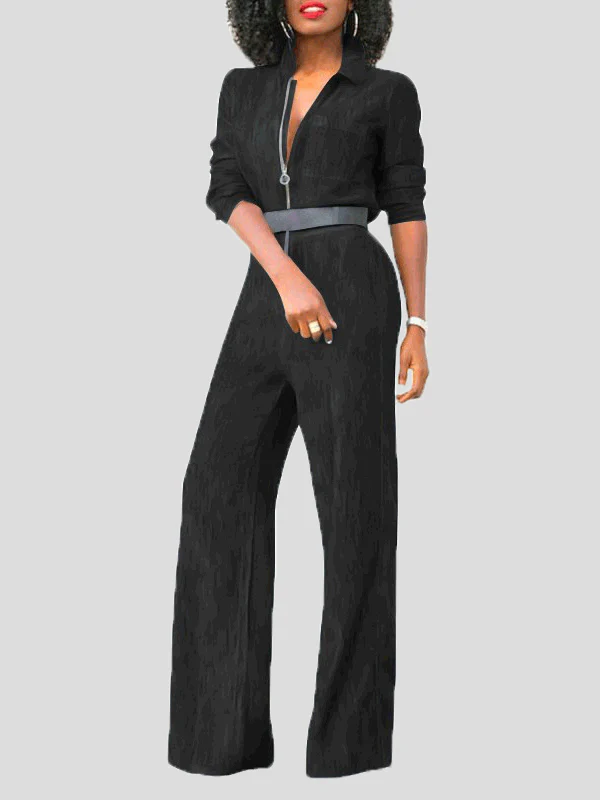 Heidi-Mode | Damen Jumpsuits Klapp Reißverschluss Lange Ärmel Denim Jumpsuit - Image 4