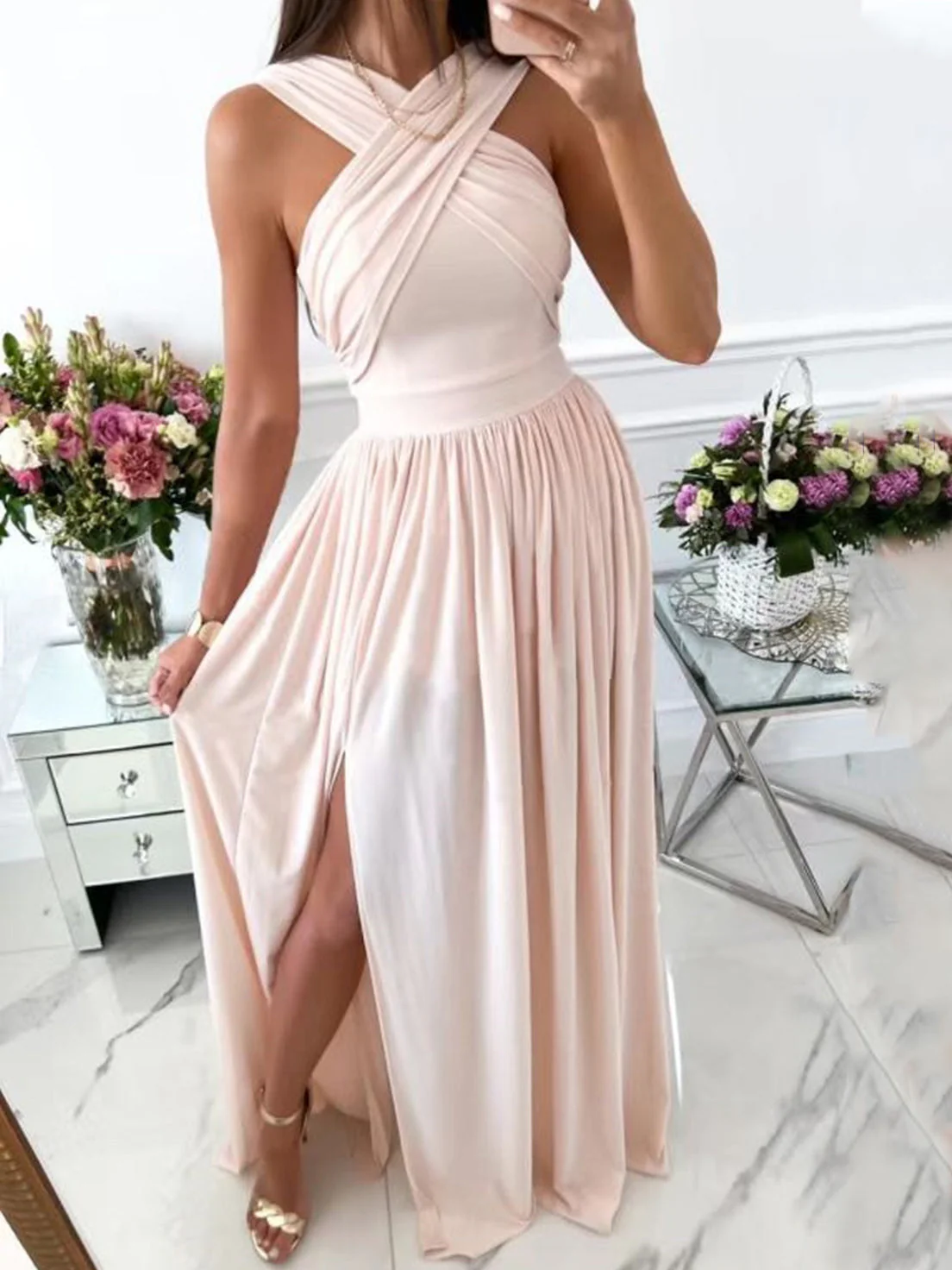 Heidi-Mode | Damenkleider Halsbinde Offener Rücken Ärmellos Schlitz Kleid - Image 4