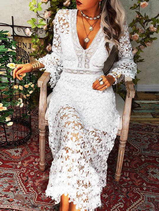 Heidi-Mode | Damen Kleider Hollow Lace V-Ausschnitt Langarm Kleid - Image 10