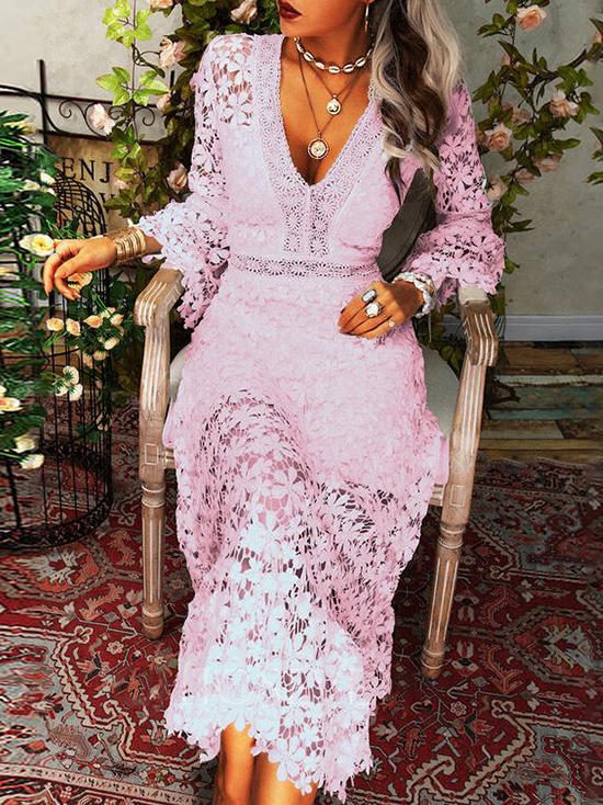 Heidi-Mode | Damen Kleider Hollow Lace V-Ausschnitt Langarm Kleid - Image 11