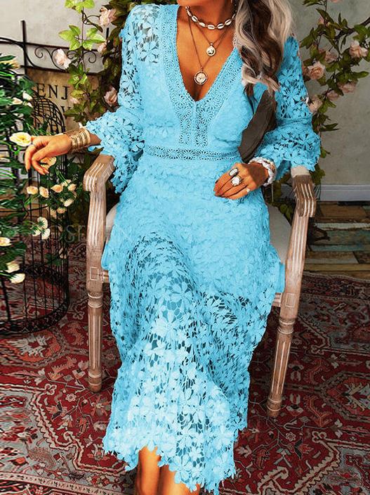 Heidi-Mode | Damen Kleider Hollow Lace V-Ausschnitt Langarm Kleid - Image 13