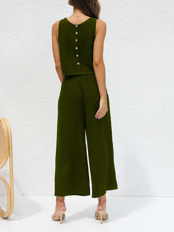 Heidi-Mode | Damen Lässige Ärmellose Knopfleiste Weste Kurze Weit Geschnittene Hose Baumwolle und Leinen Anzug