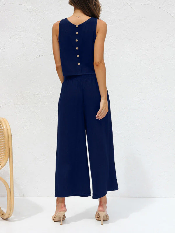 Heidi-Mode | Damen Lässige Ärmellose Knopfleiste Weste Kurze Weit Geschnittene Hose Baumwolle und Leinen Anzug - Image 16