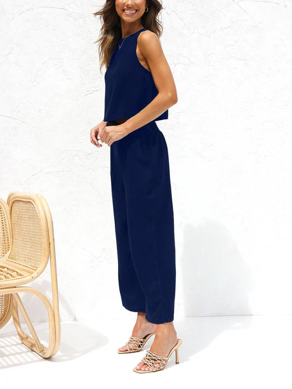 Heidi-Mode | Damen Lässige Ärmellose Knopfleiste Weste Kurze Weit Geschnittene Hose Baumwolle und Leinen Anzug - Image 17