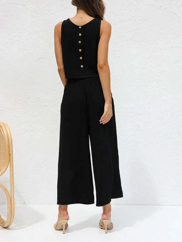 Heidi-Mode | Damen Lässige Ärmellose Knopfleiste Weste Kurze Weit Geschnittene Hose Baumwolle und Leinen Anzug - Image 19